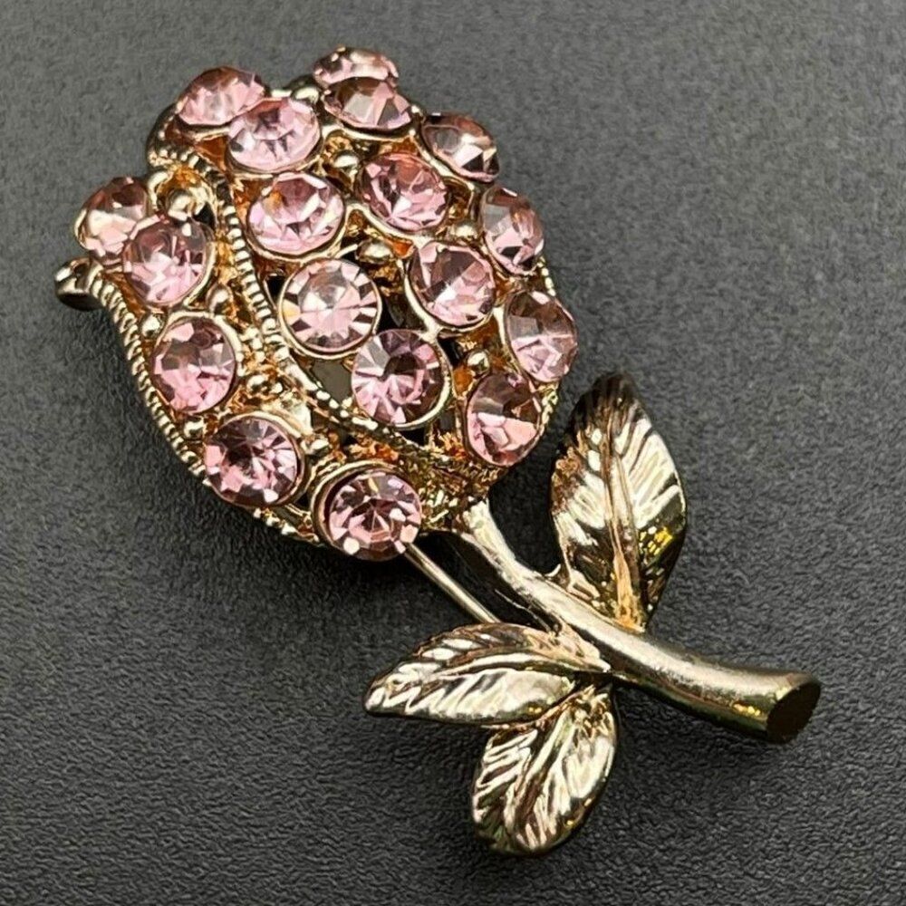 Rose Gold with Pink Sapphire Crystal Tulip or Rose Flower Pin Back Brooch